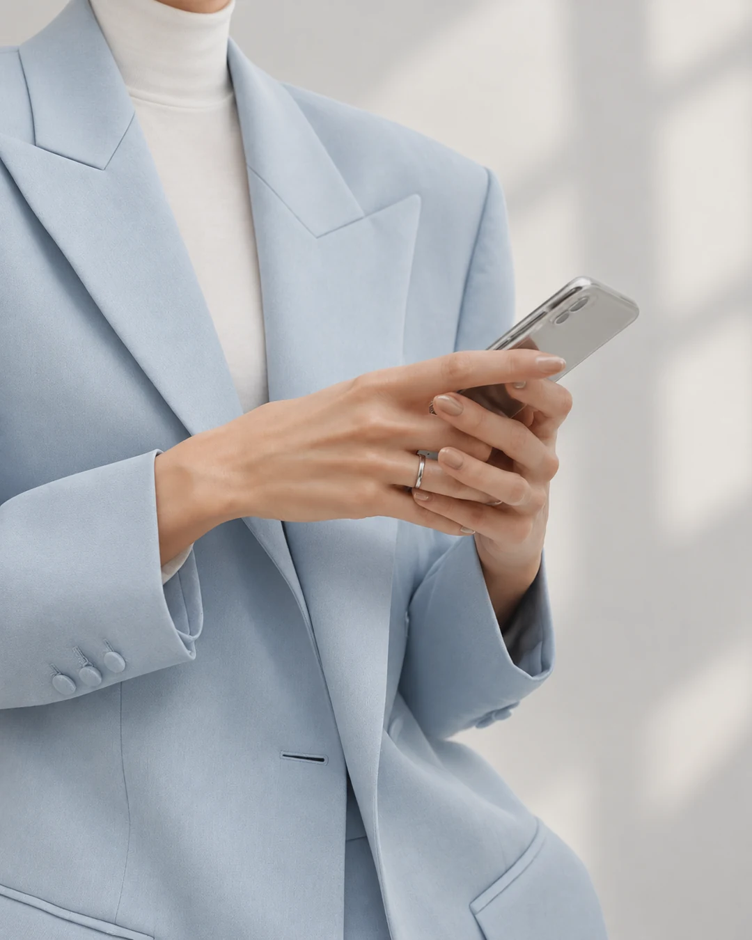 Detal telefonu w dłoniach kobiety w błękitnej marynarce